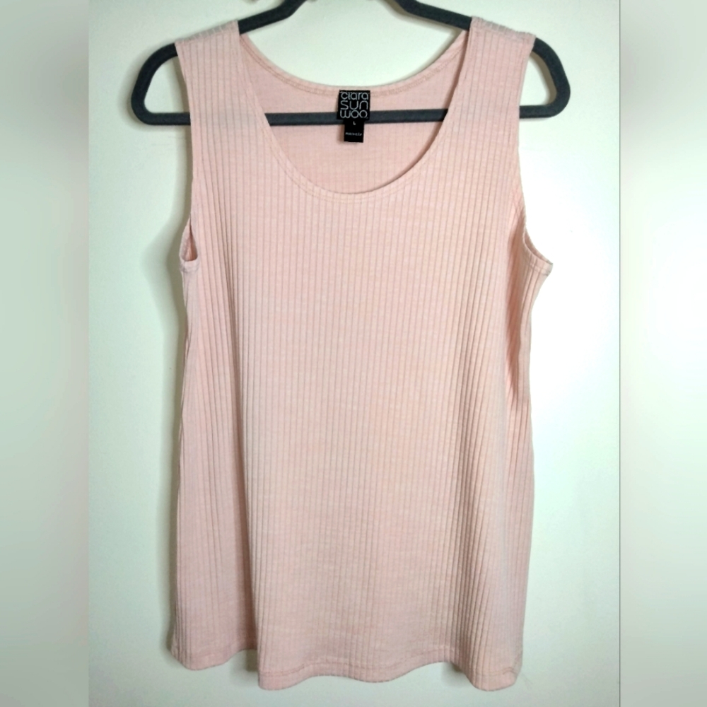 Clara Sun Woo (Sz L) Pink Stretch Ribbed Casual Sleeveless Basic Layer Tank Top